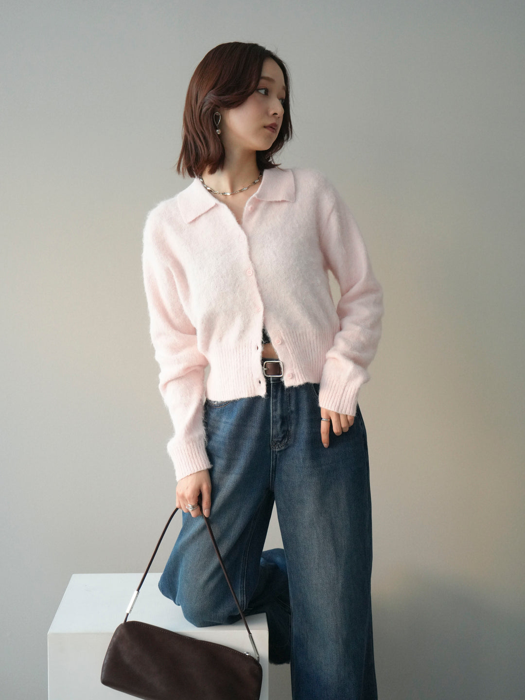 [SET]モヘア衿付きボタンプルオーバー+裏起毛裾フリンジワイドデニムパンツ(2set)