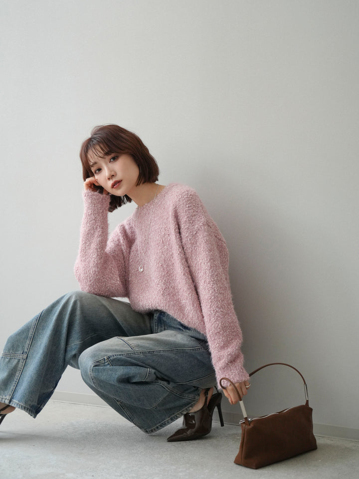 [SET]モールラメミックスヤーンニットプルオーバー+ベルト付カーブデニムパンツ(2set)