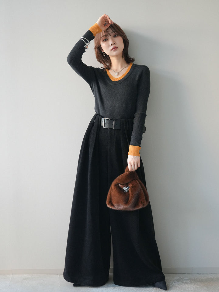 [SET]Uネック配色レイヤードリブニットトップス+ベルトデザインループコールテンワイドパンツ(ベルト付き)(2set)