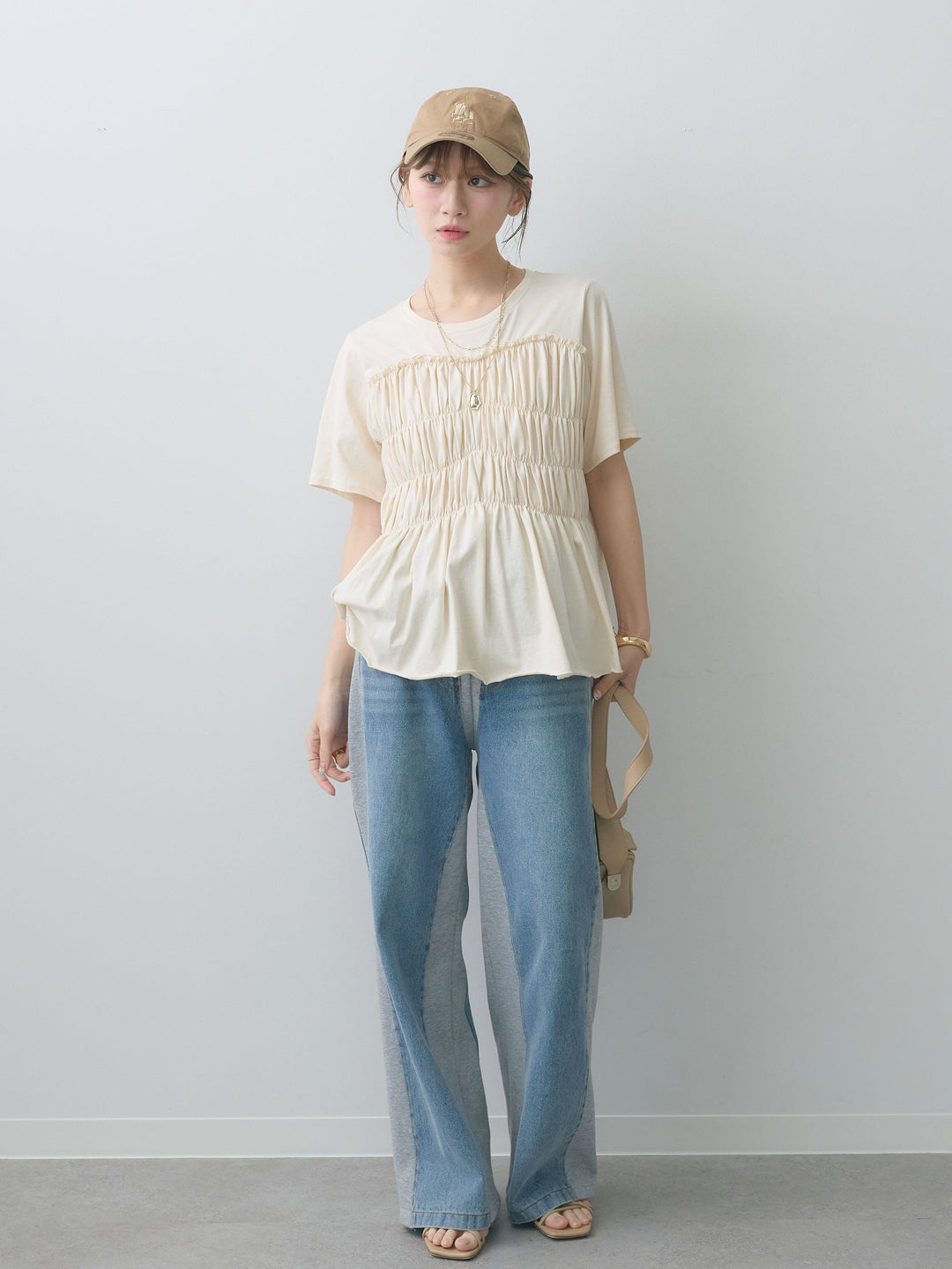 [SET]クールタッチシャーリングTEE+デニム切替スウェットパンツ(2set)