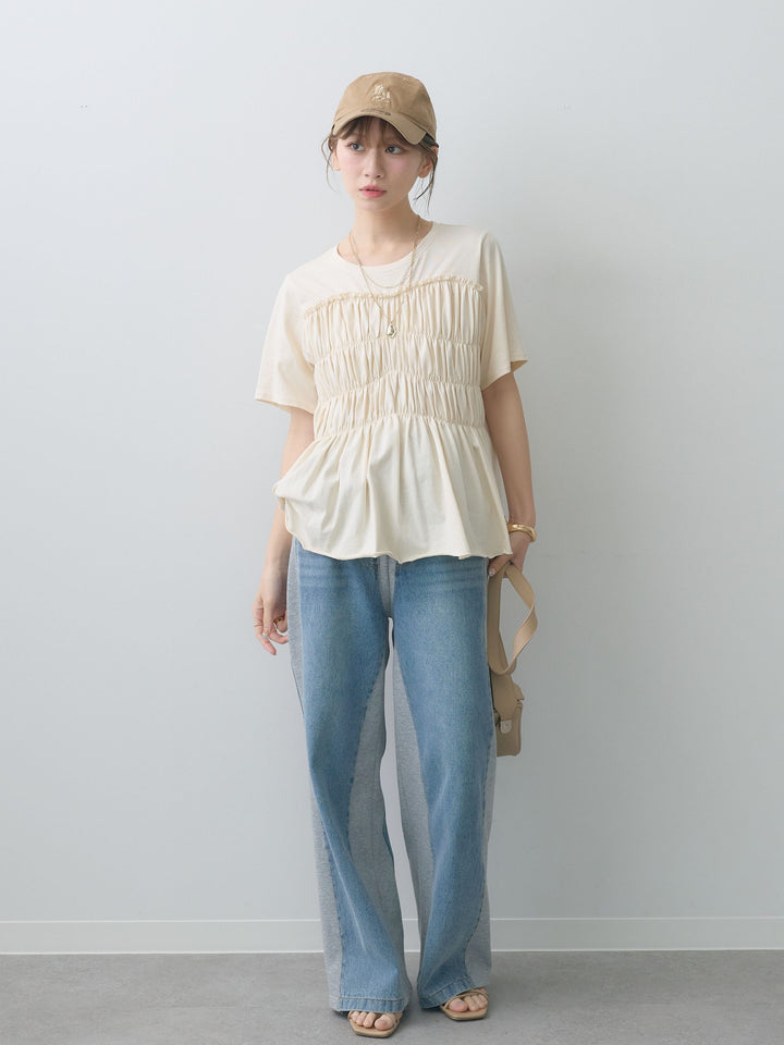 [SET]クールタッチシャーリングTEE+デニム切替スウェットパンツ(2set)