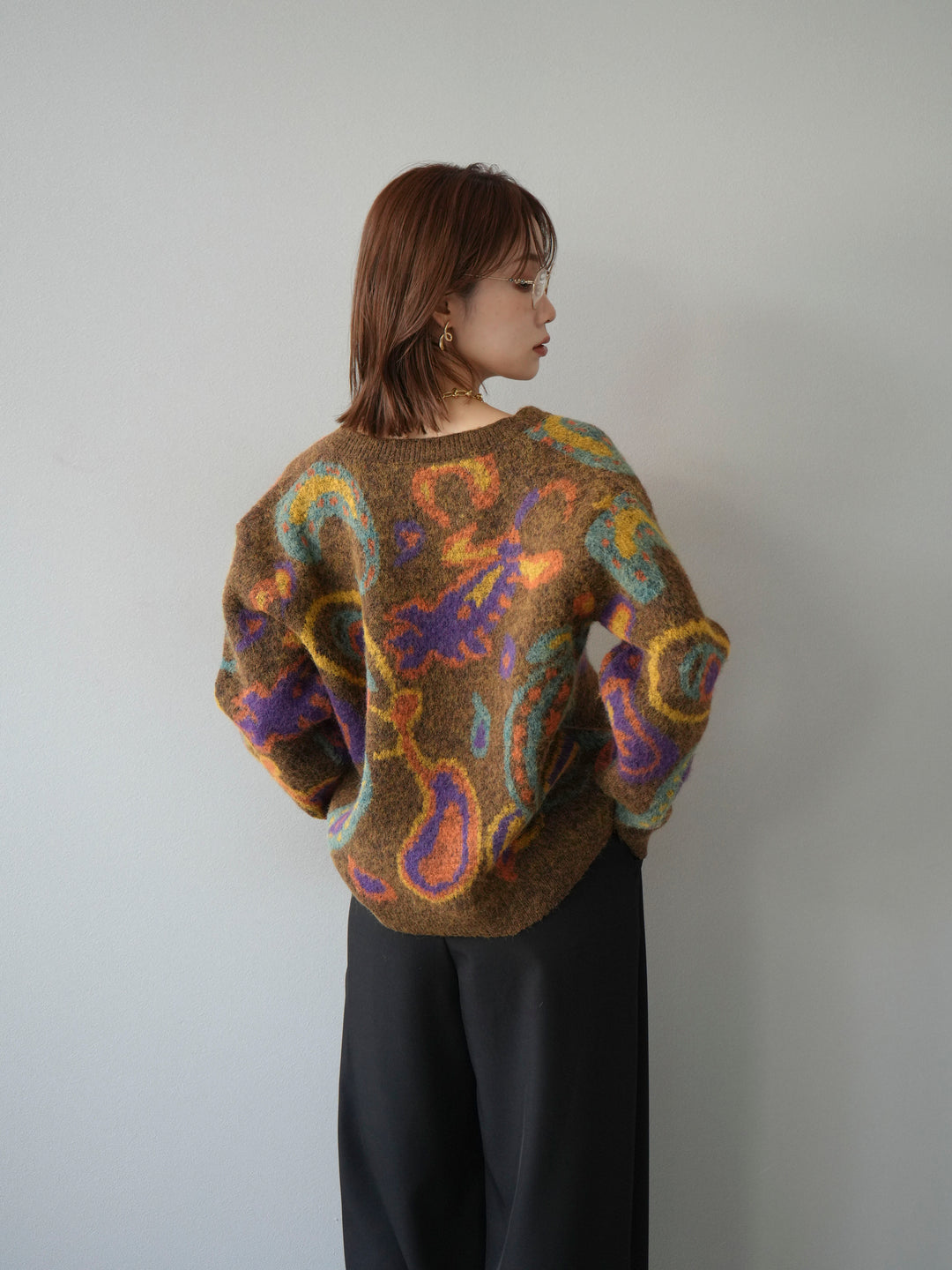 [予約]ミックスヤーンペイズリー柄ニットカーディガン/ブラウン