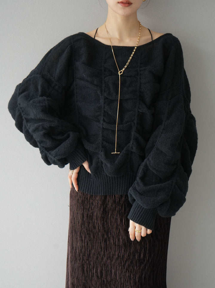 [予約]バックオープンシャーリングニットプルオーバー/ブラック