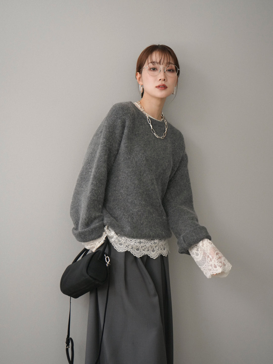 [SET]アンゴラタッチクルーネックニットプルオーバー+チュールレーストップス+テープベルトタックバギーパンツ(3set)