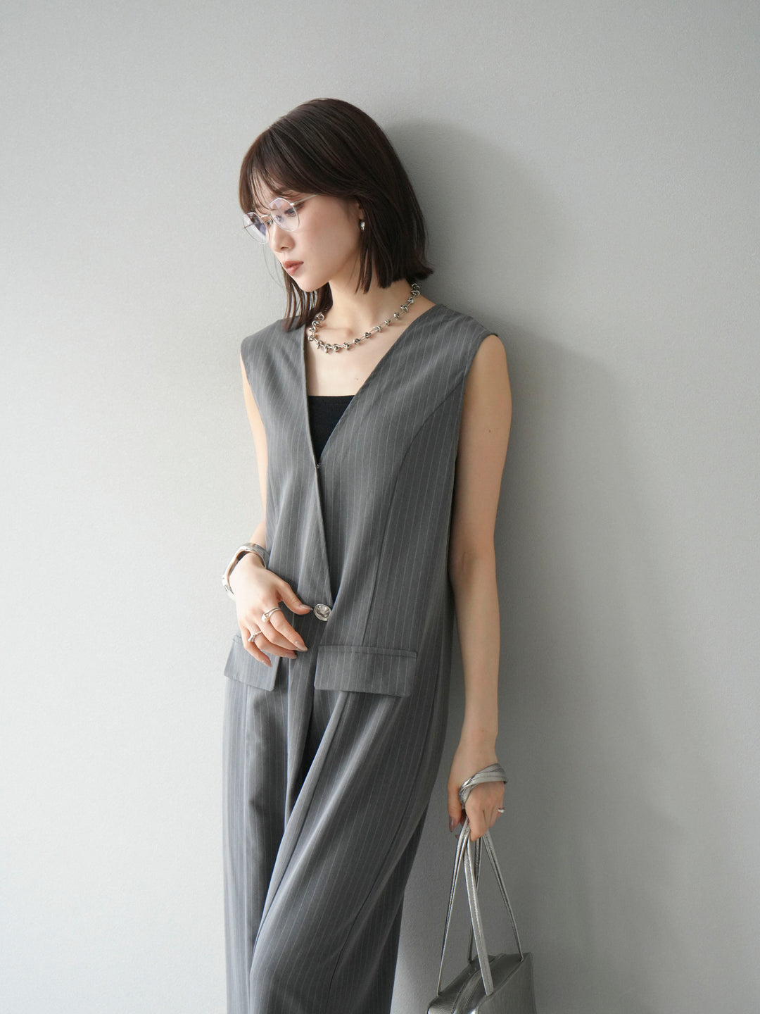 [予約]ストライプラップデザインオールインワン/グレー