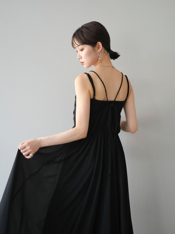 [SET]編み込みデザインシフォンワンピース+カップ付テレコリブベアキャミソール(2set)