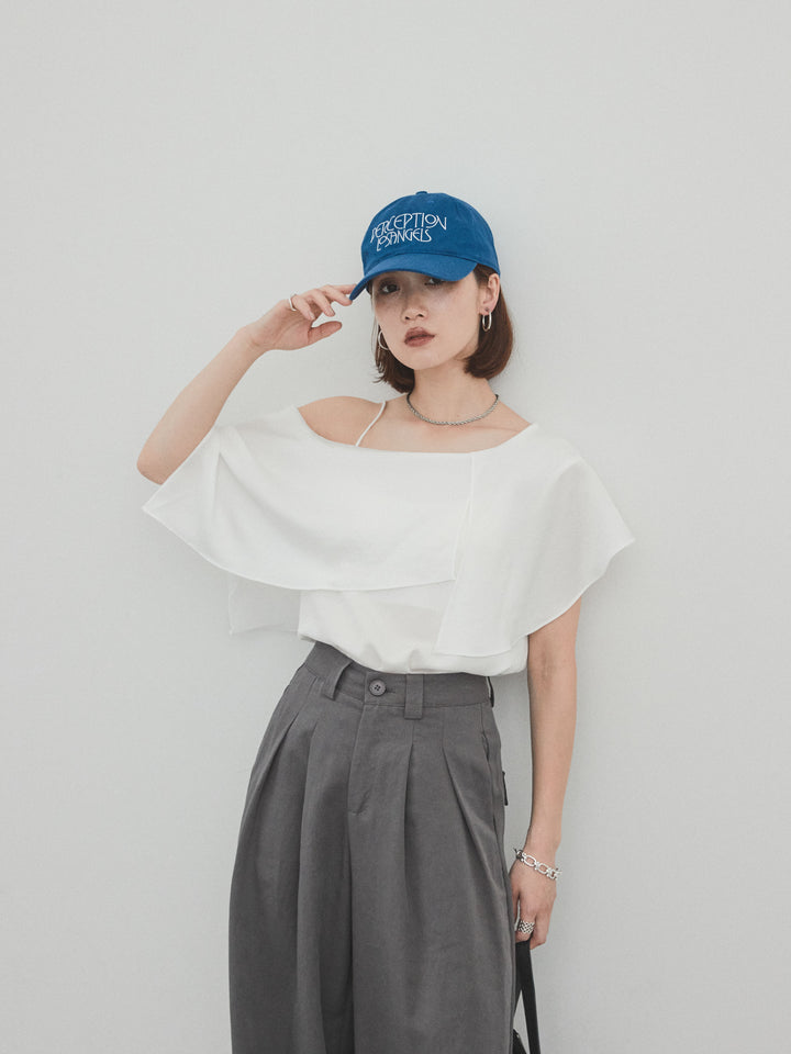 [SET]ワンショルラッフルブラウス+リネンタッチタックワイドパンツ (2set)