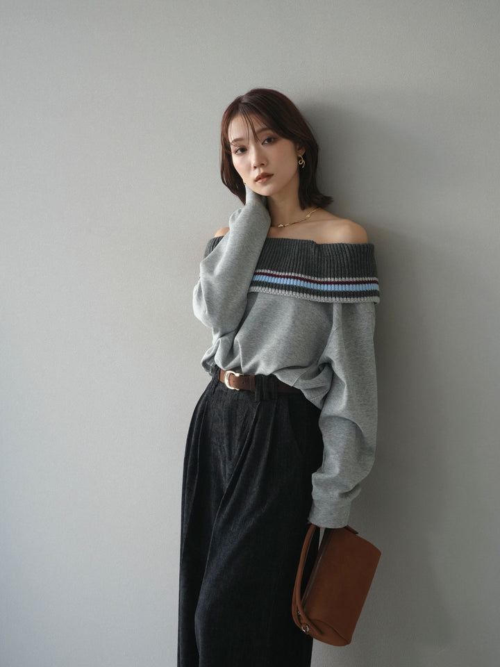 [予約]ボーダーニットオフショルダーxスウェットプルオーバー/gray