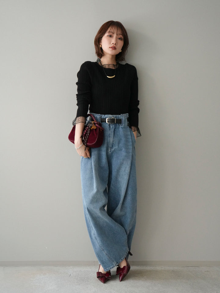 [SET]チュールドッキングリブニットトップス+ハイウエストベルトループデザインデニムパンツ(2set)