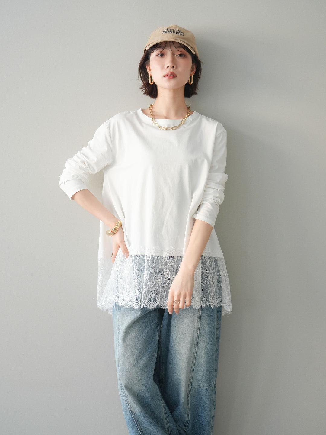 [SET]裾レースロングスリーブTシャツ+選べるアクセセット(2set)