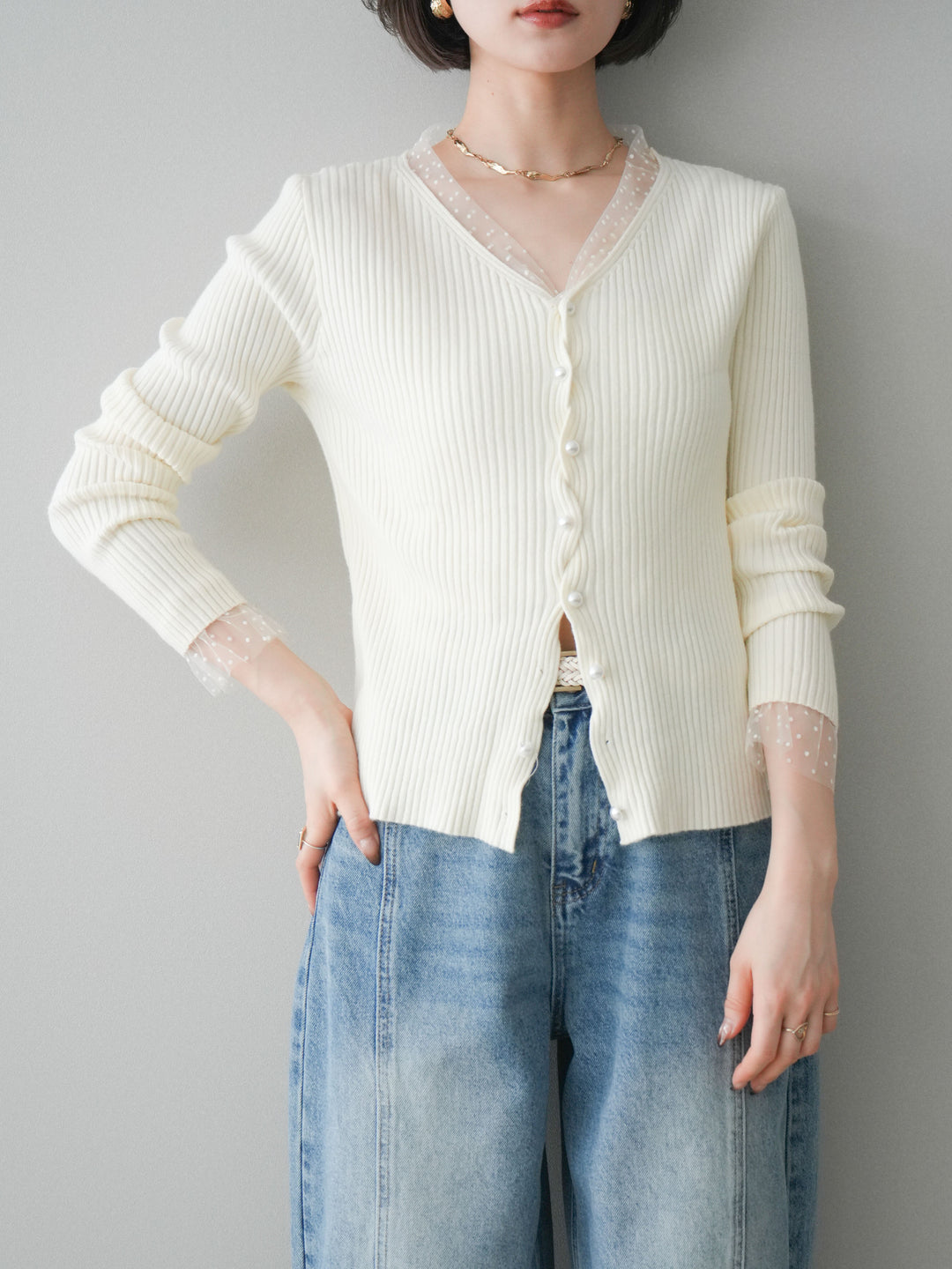 [SET]チュールドッキングパールボタンニットカーディガン+選べるアクセセット(2set)