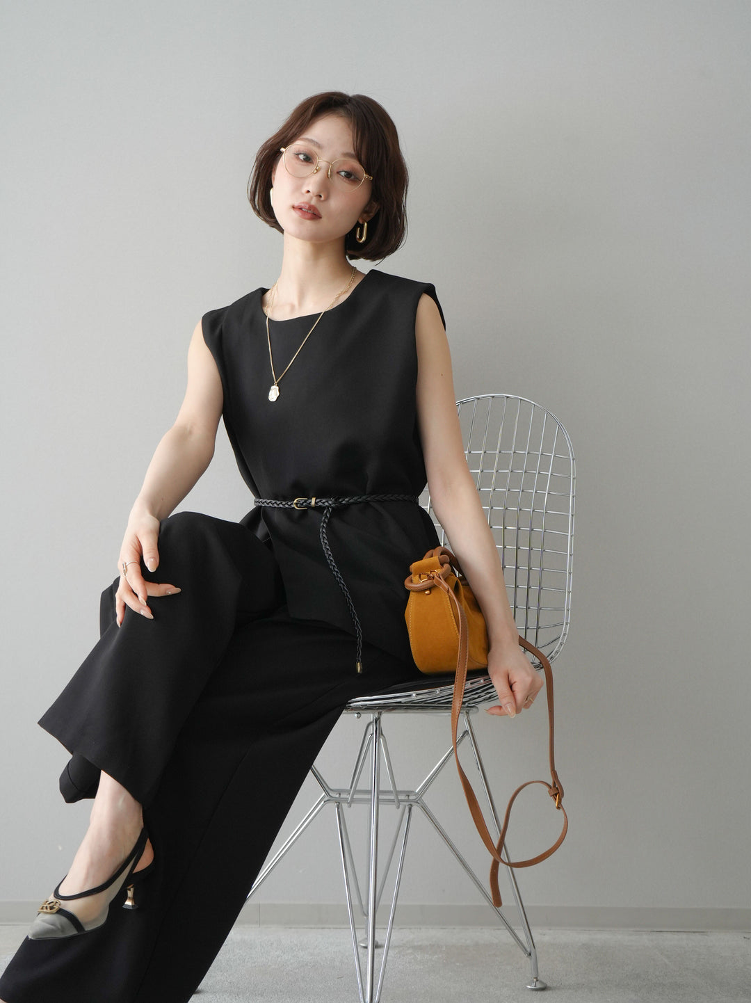 [SET]ベルト付ノースリーブトップス＆ワイドパンツSETUP