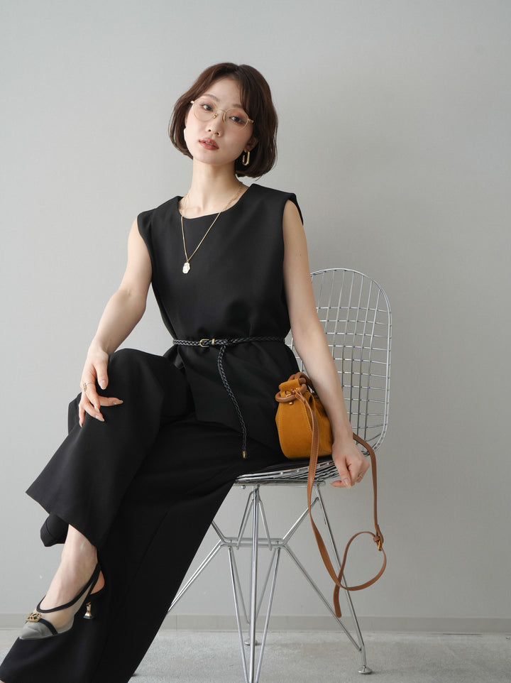 [SET]ベルト付ノースリーブトップス＆ワイドパンツSETUP