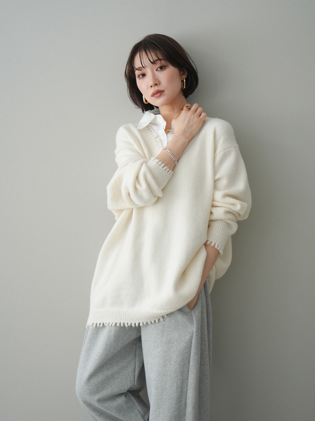 [SET]シャツドッキングVネックフリンジニットプルオーバー+選べるアクセセット(2set)