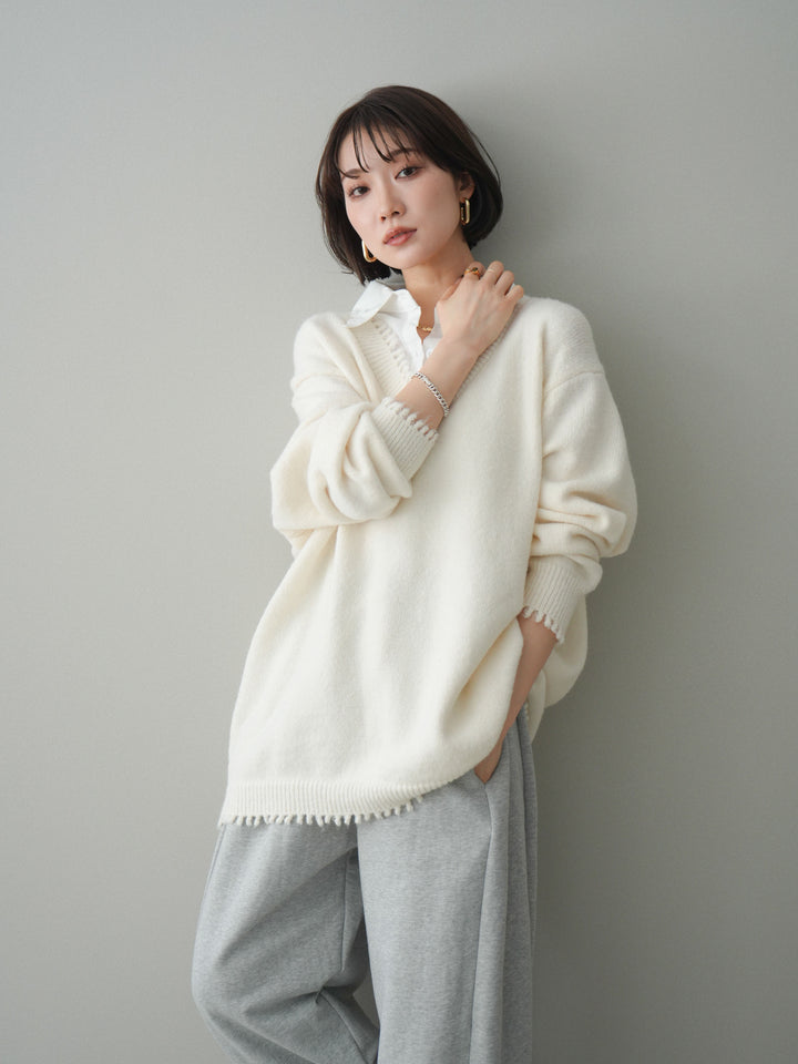 [SET]シャツドッキングVネックフリンジニットプルオーバー+選べるアクセセット(2set)