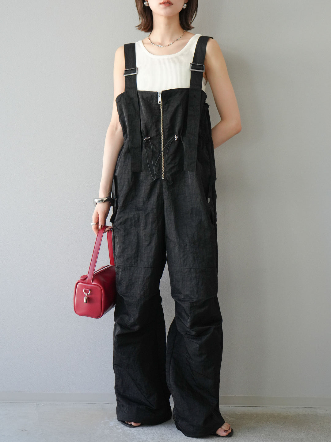 [予約]ナイロンタックデザインサロペット/ブラック