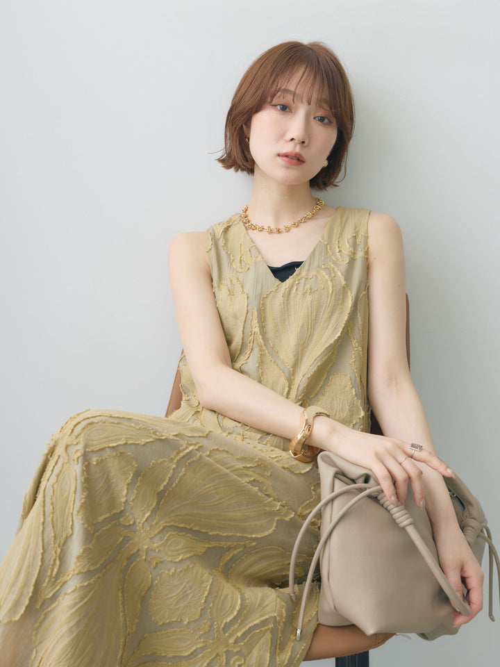 [予約]Vネックシアージャガードノースリワンピース/green