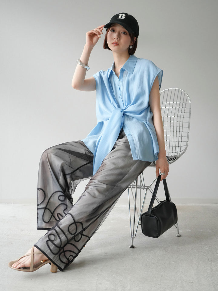 [SET] 前繫帶透視上衣 + 水彩藝術休閒褲 + 繩繡薄紗疊穿褲 (3 件套)