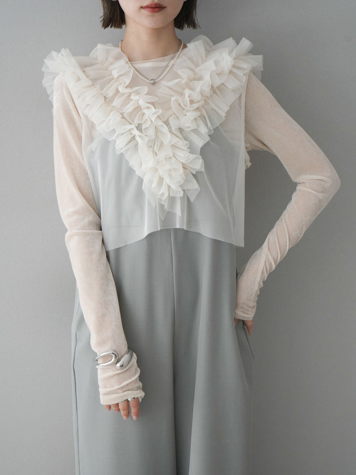 [預訂] 薄紗荷葉邊背心 x 連身套裝/灰色