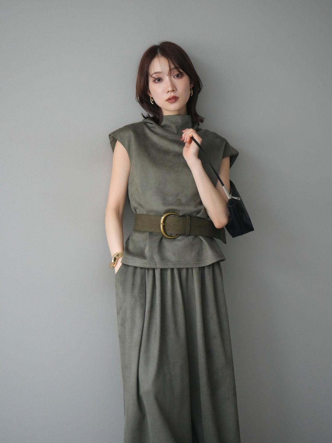 [SET]ベルト付スエードハイネックプルオーバー＆ワイドパンツSET UP