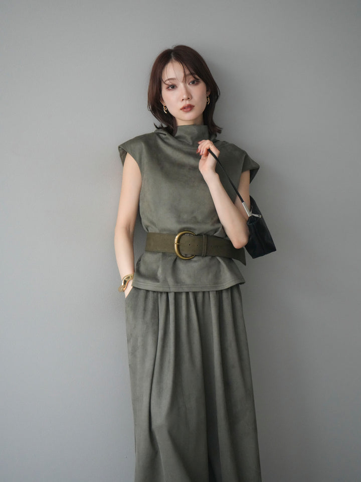 [SET]ベルト付スエードハイネックプルオーバー＆ワイドパンツSET UP