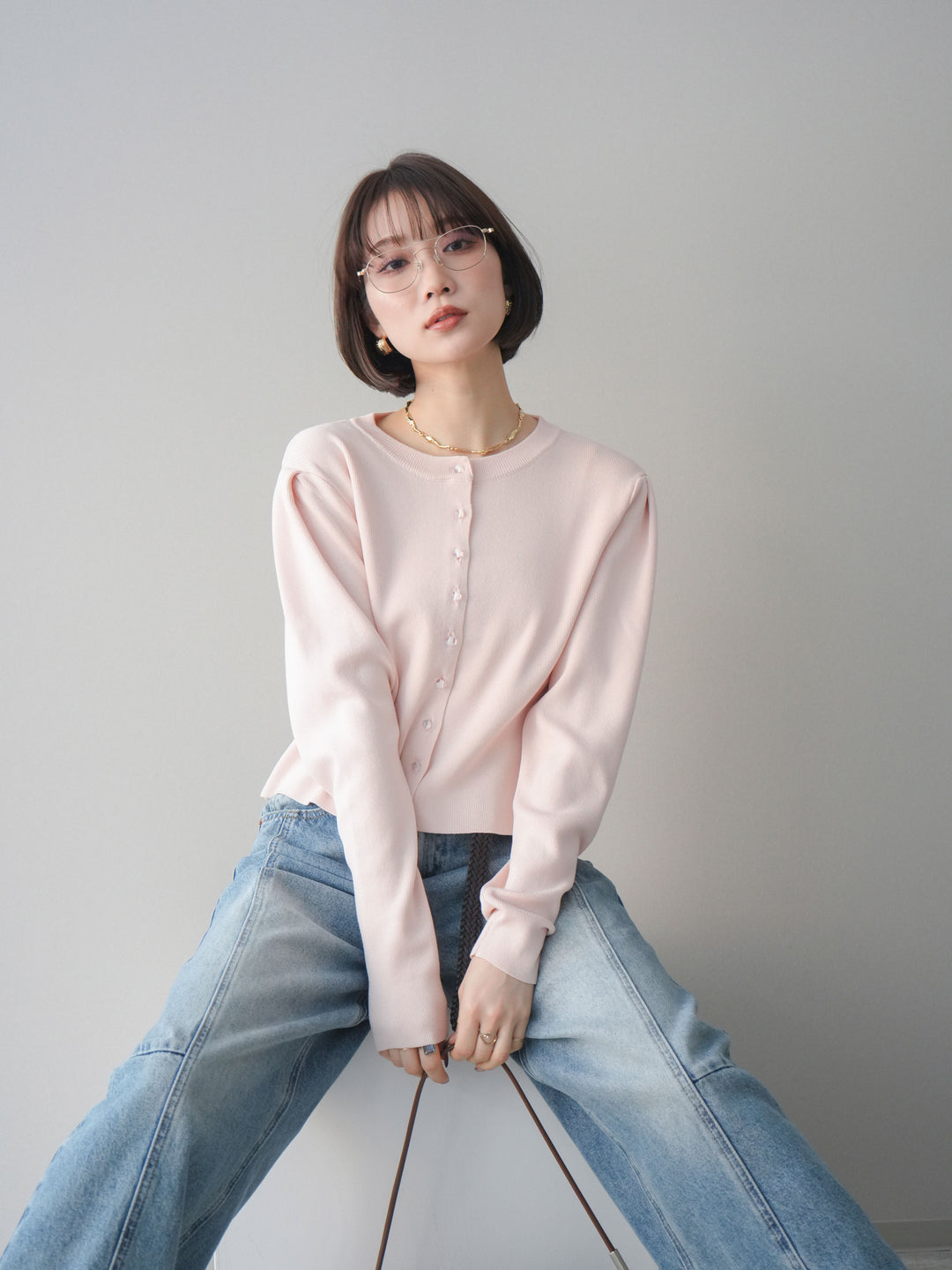 [予約]クリアボタンタックニットカーディガン/pink