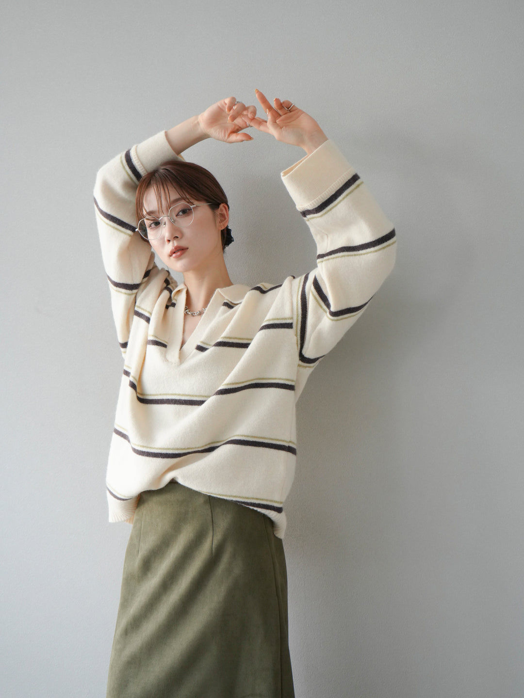 [予約]ポロ襟スキッパーボーダーニットプルオーバー/アイボリー