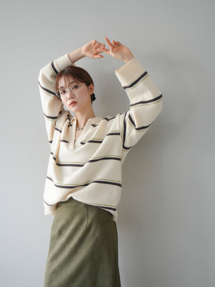 [予約]ポロ襟スキッパーボーダーニットプルオーバー/アイボリー