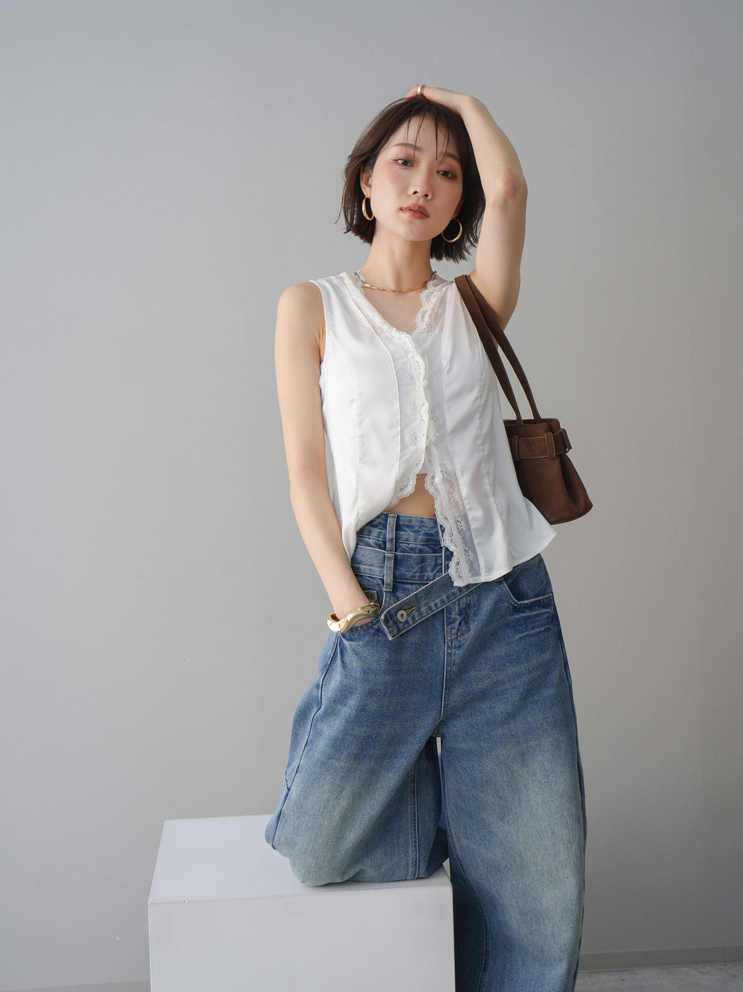 [予約]ノースリサテンレースキャミソール/white