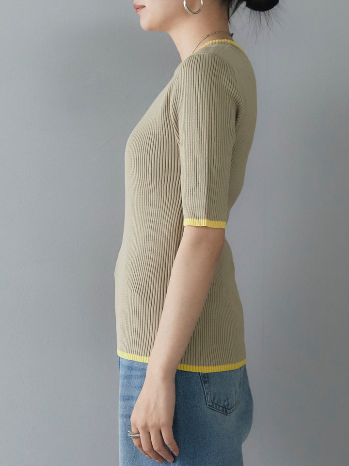[Pre-order] Half-sleeve polyester color-blocked knit top/beige
