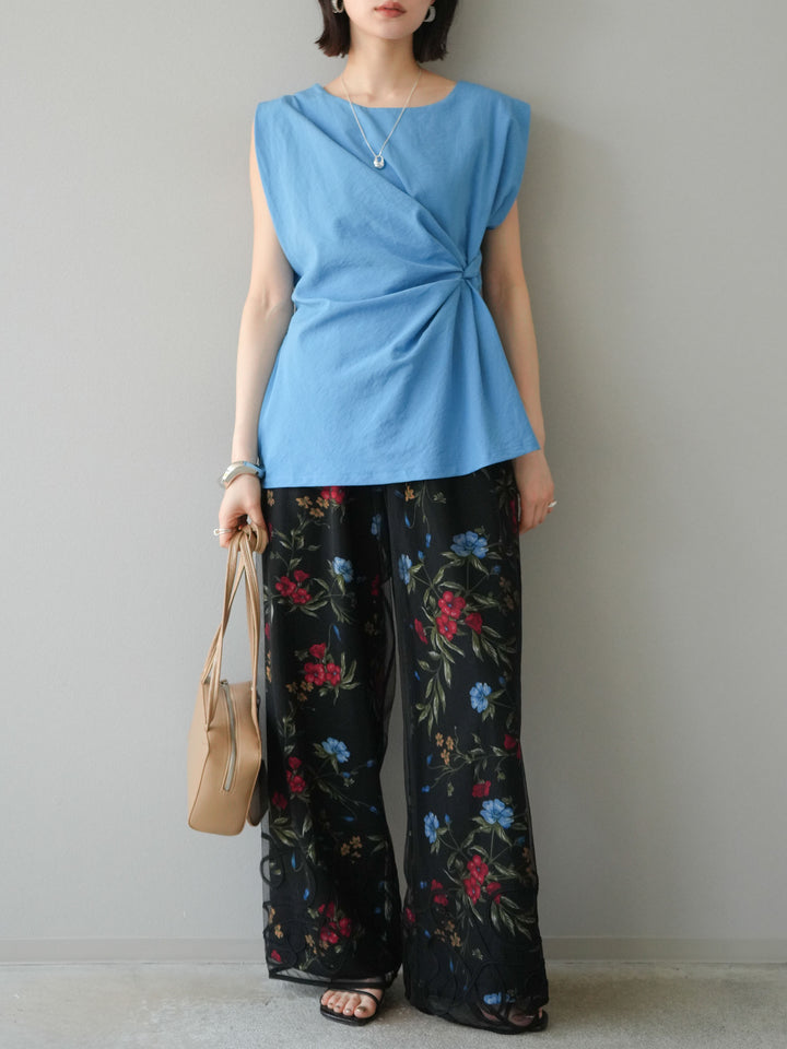 [SET] 側扭法式上衣+植物圖案休閒褲+繩繡薄紗疊穿褲（3件套裝）