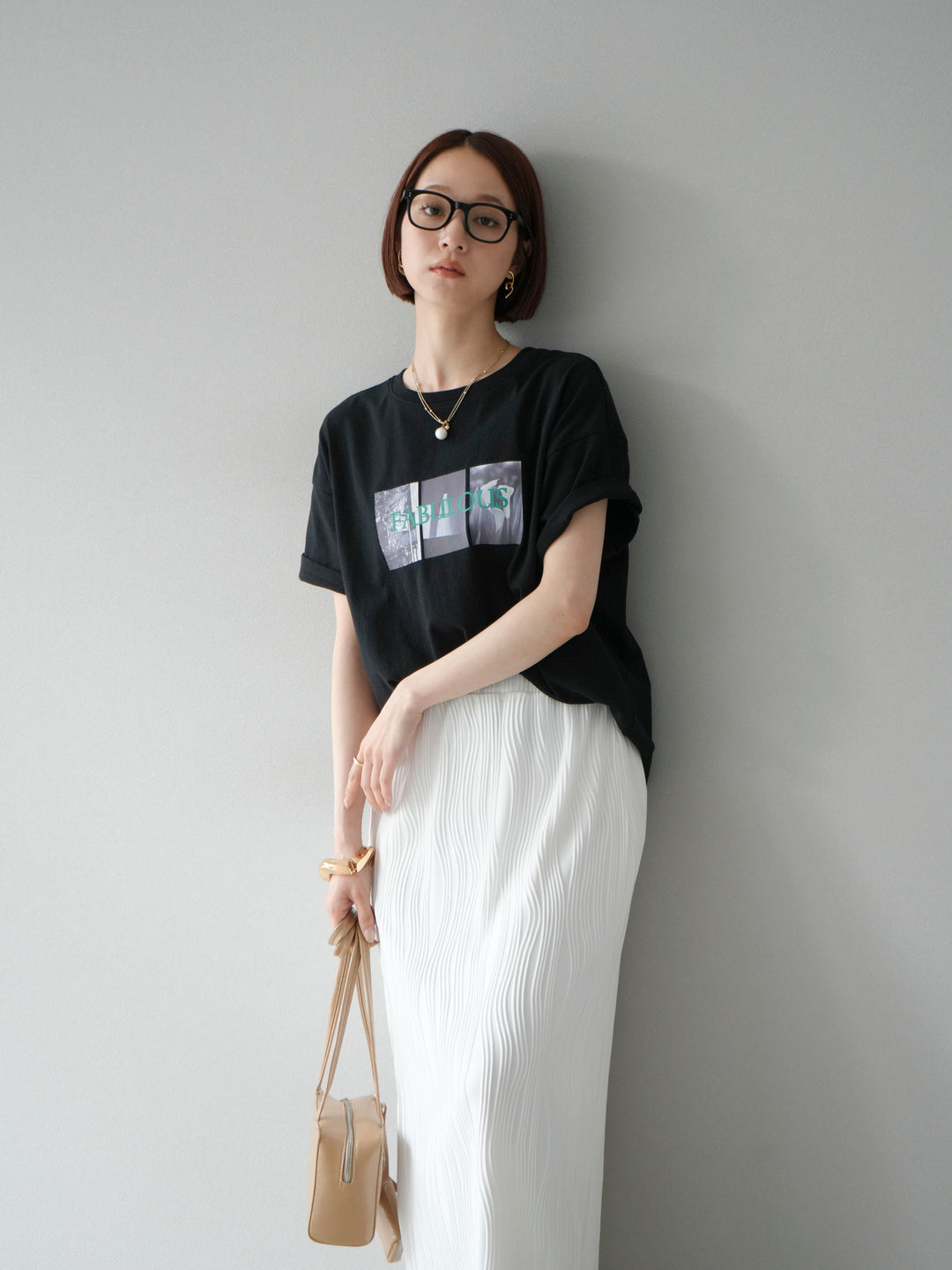 [SET]ネオンロゴコラージュフォトプリントオーバーTシャツ+ウェーブパイピングタイトスカート(2set)