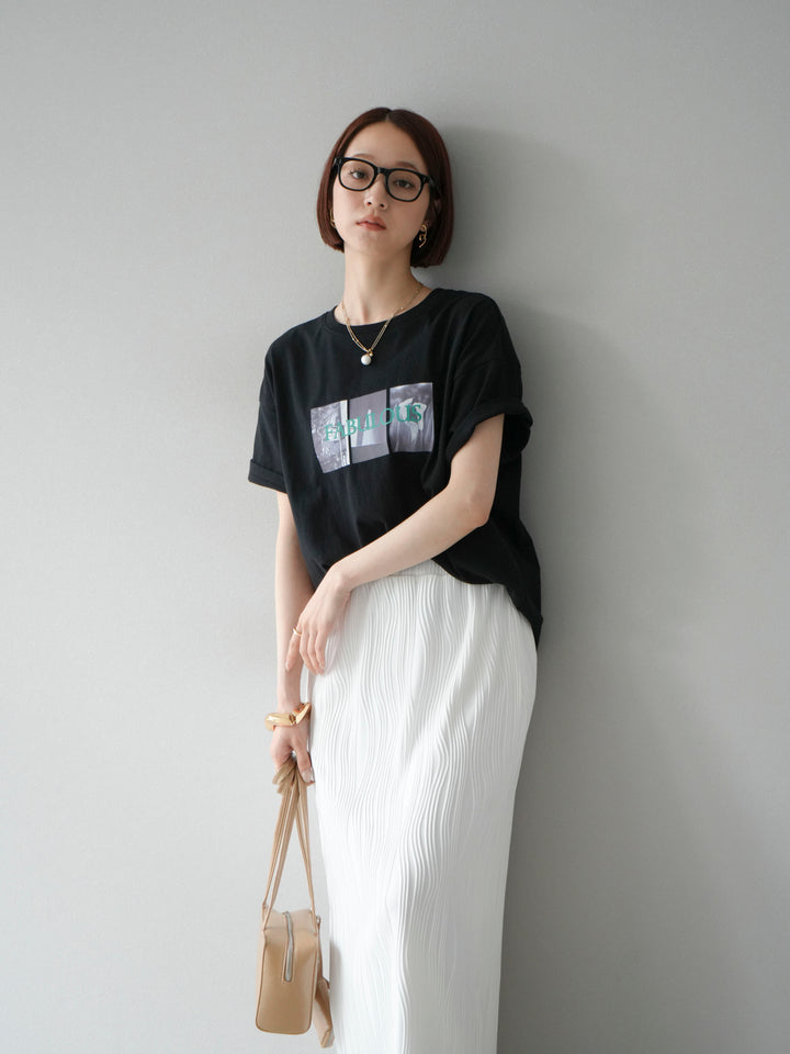 [SET]ネオンロゴコラージュフォトプリントオーバーTシャツ+ウェーブパイピングタイトスカート(2set)