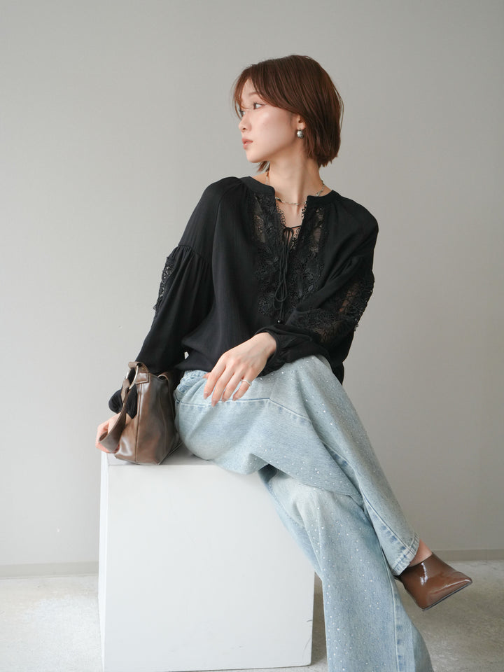 [予約]レーススリーブスキッパーブラウス/black
