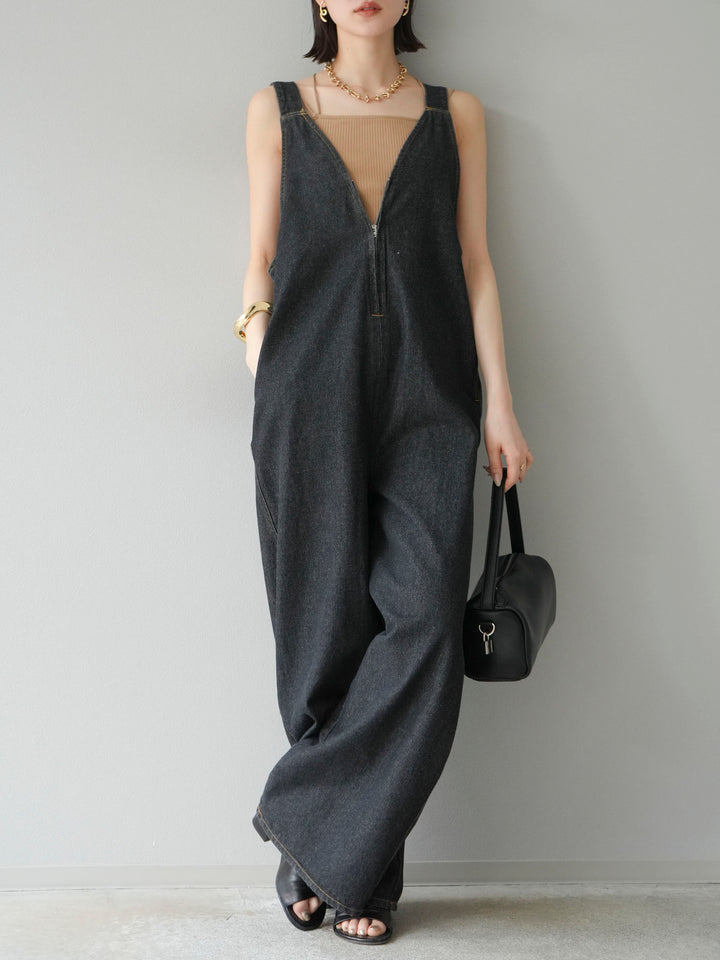 [予約]フロントZIP Vネックデニムサロペット/ブラック