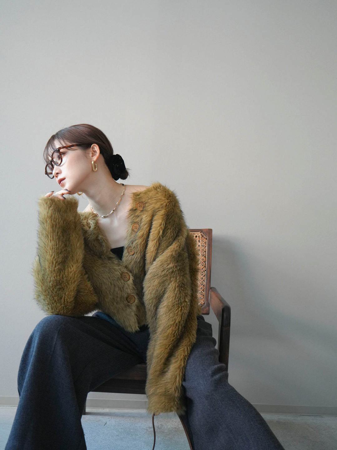 [予約]ミックスシャギーショートニットカーディガン/green