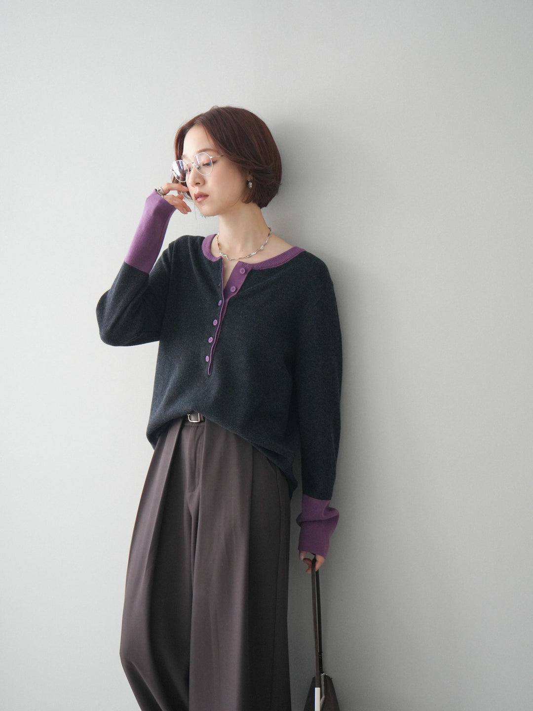 [SET]ヘンリーネック配色ニットソー+ベルトループデザインワイドパンツ(2set)