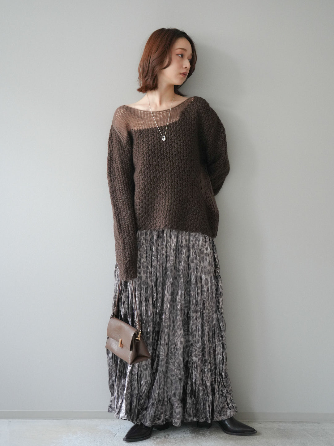 [予約]レオパードベロアワッシャーロングスカート/gray