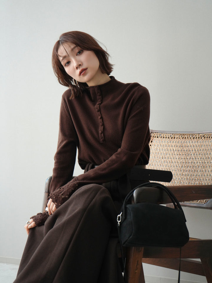 [予約]袖スカラップレースフロントボタンウールニットトップス/brown
