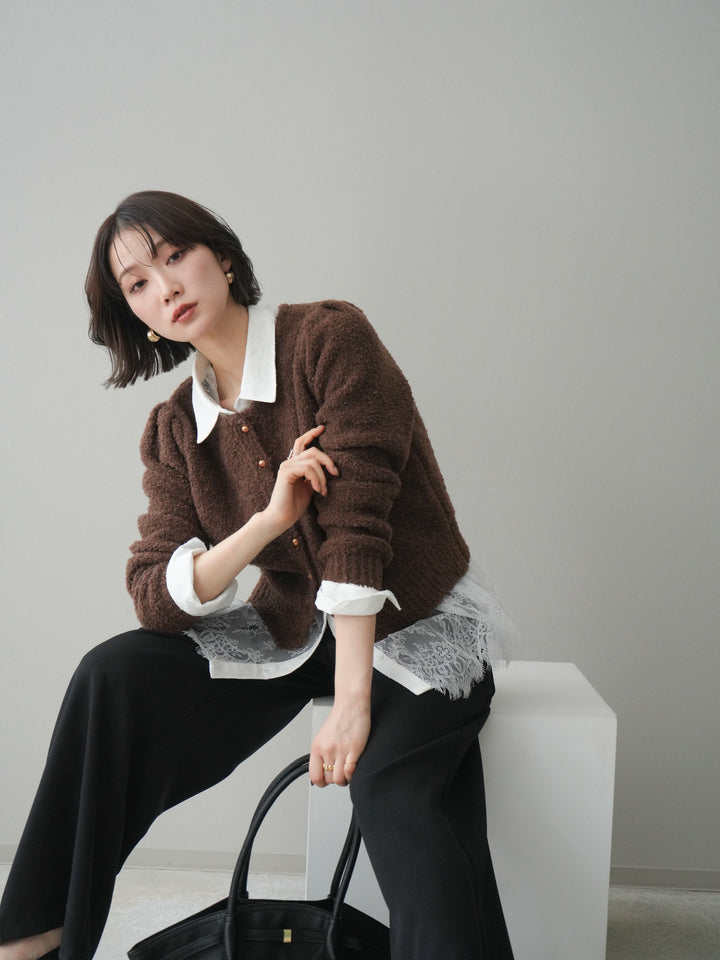 [SET]ゴールドボタンブークレニットカーディガン+総レースボリュームスリーブシャツ(2set)