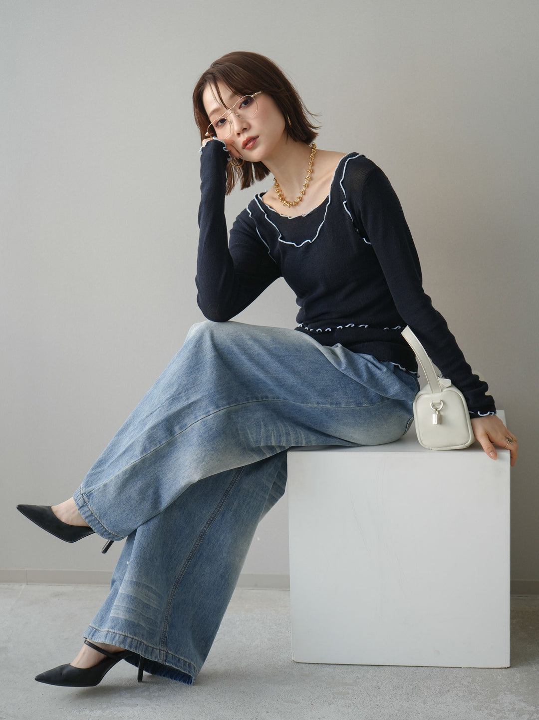 [予約]バイカラーメローアンサンブルシアーニットトップス/navy