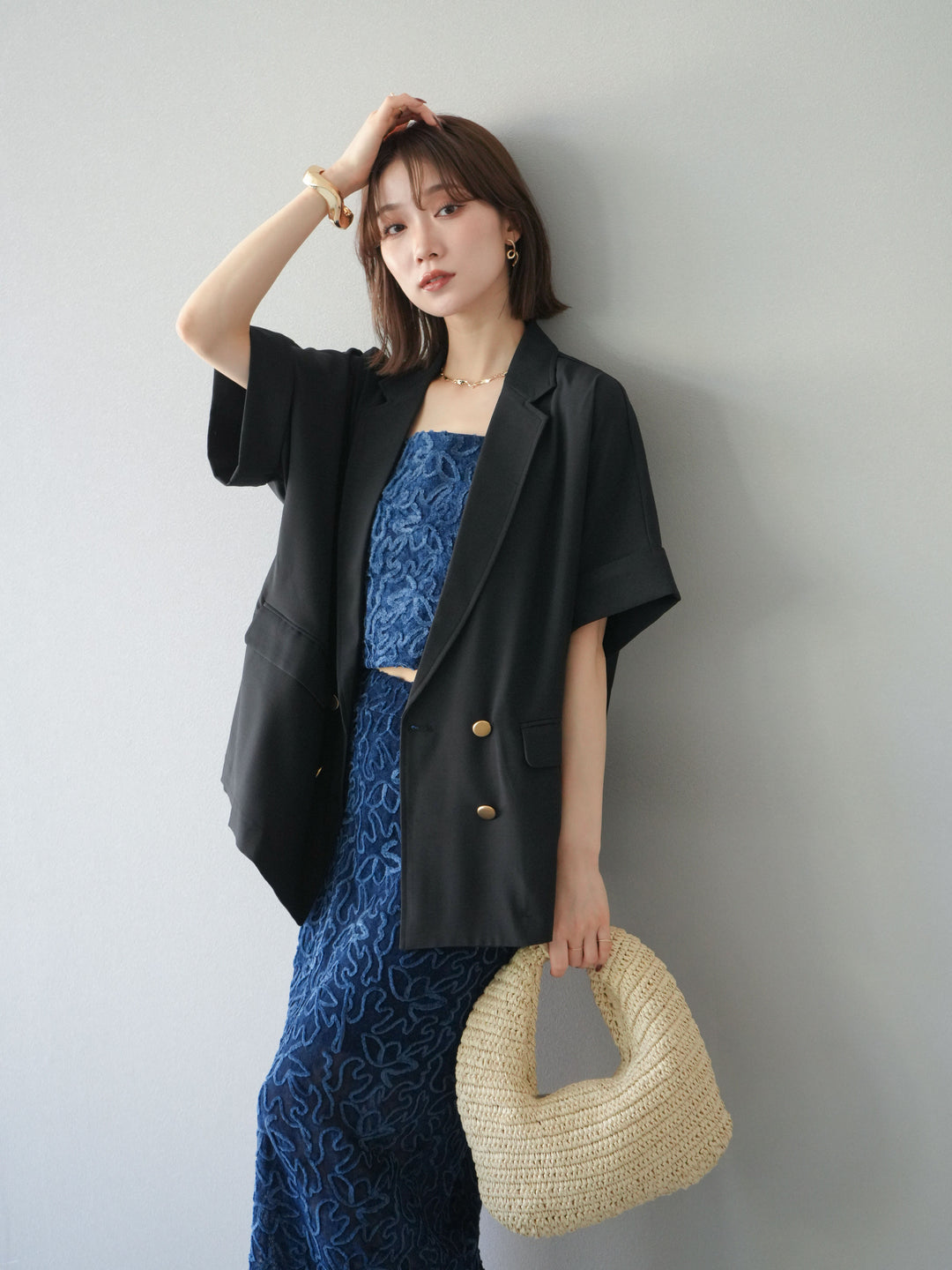 [預購] 金色紐扣半身夾克/黑色