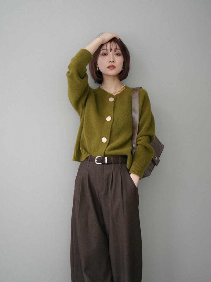 [SET]BIGボタンニットカーディガン+アニマル柄ベルト付きウールタッチワイドパンツ(2set)