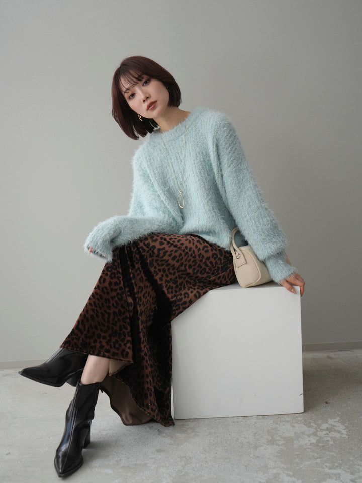 [SET]ボリュームスリーブシャギー MIXニットプルオーバー+レオパードベロアナロースカート(2set)