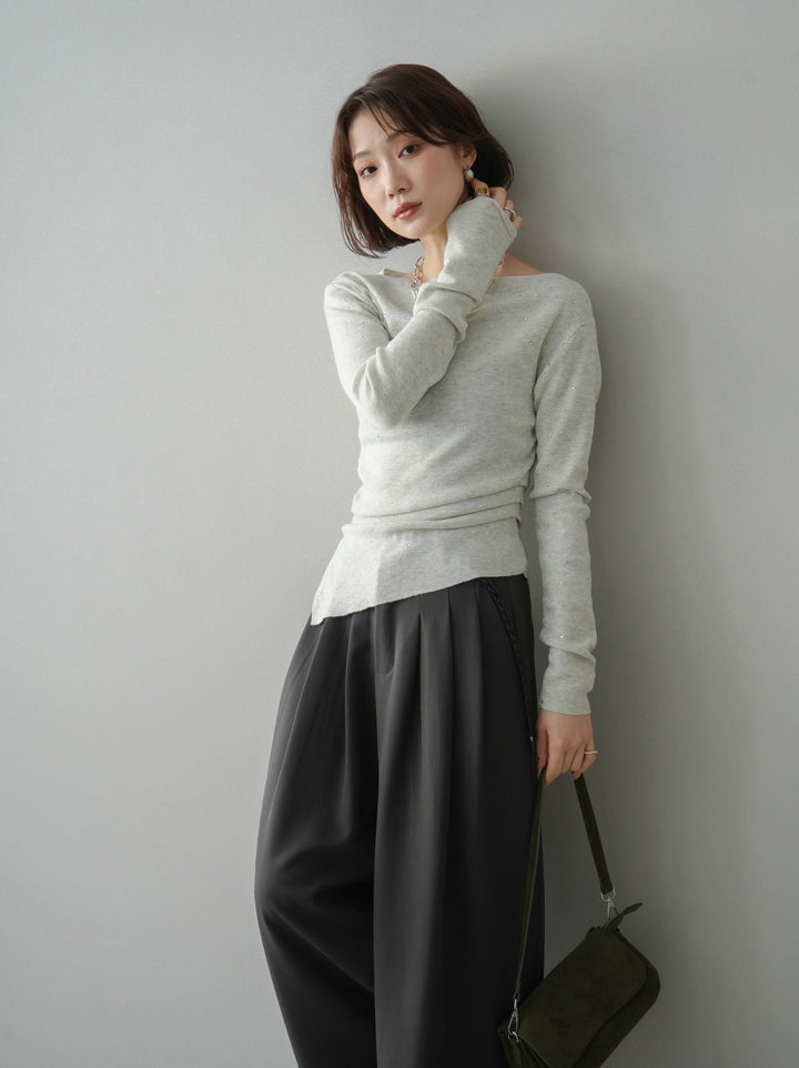 [予約]ラインストーンアシンメトリーニットトップス/gray