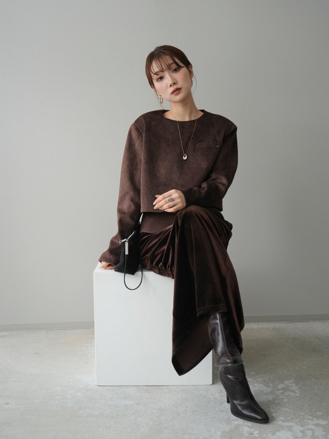 [予約]リブニットレイヤードスエードプルオーバー/brown