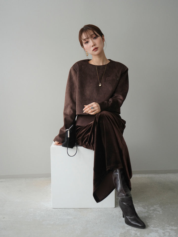 [予約]リブニットレイヤードスエードプルオーバー/brown