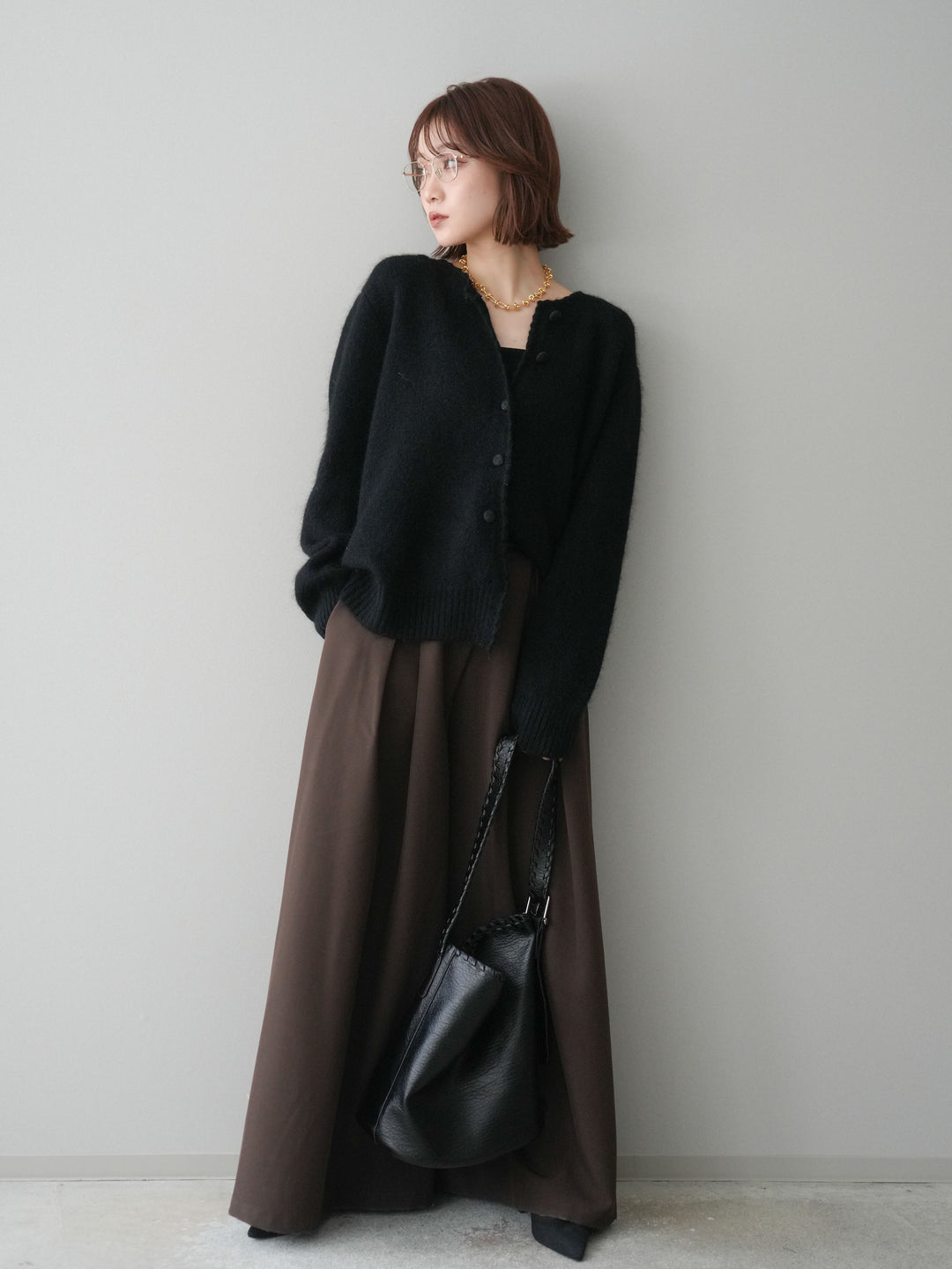 [SET]くるみボタンニットカーディガン+テープベルトタックバギーパンツ(2set)