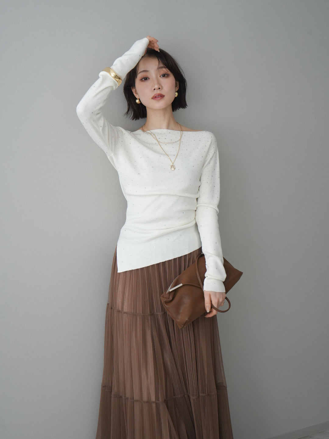 [SET]ラインストーンアシンメトリーニットトップス+ラメプリーツレイヤードチュールロングスカート(2set)