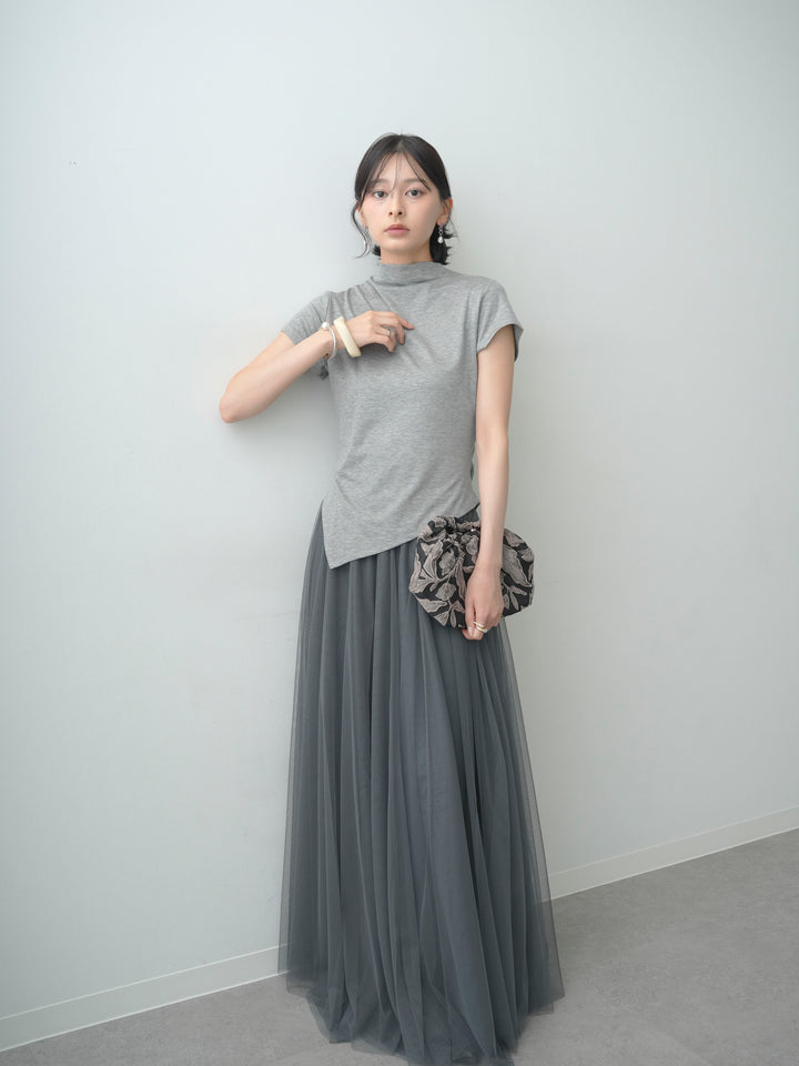 [SET]ヘムアシメバックボタンデザインフレンチトップ+チュールボリュームスカート(2set)